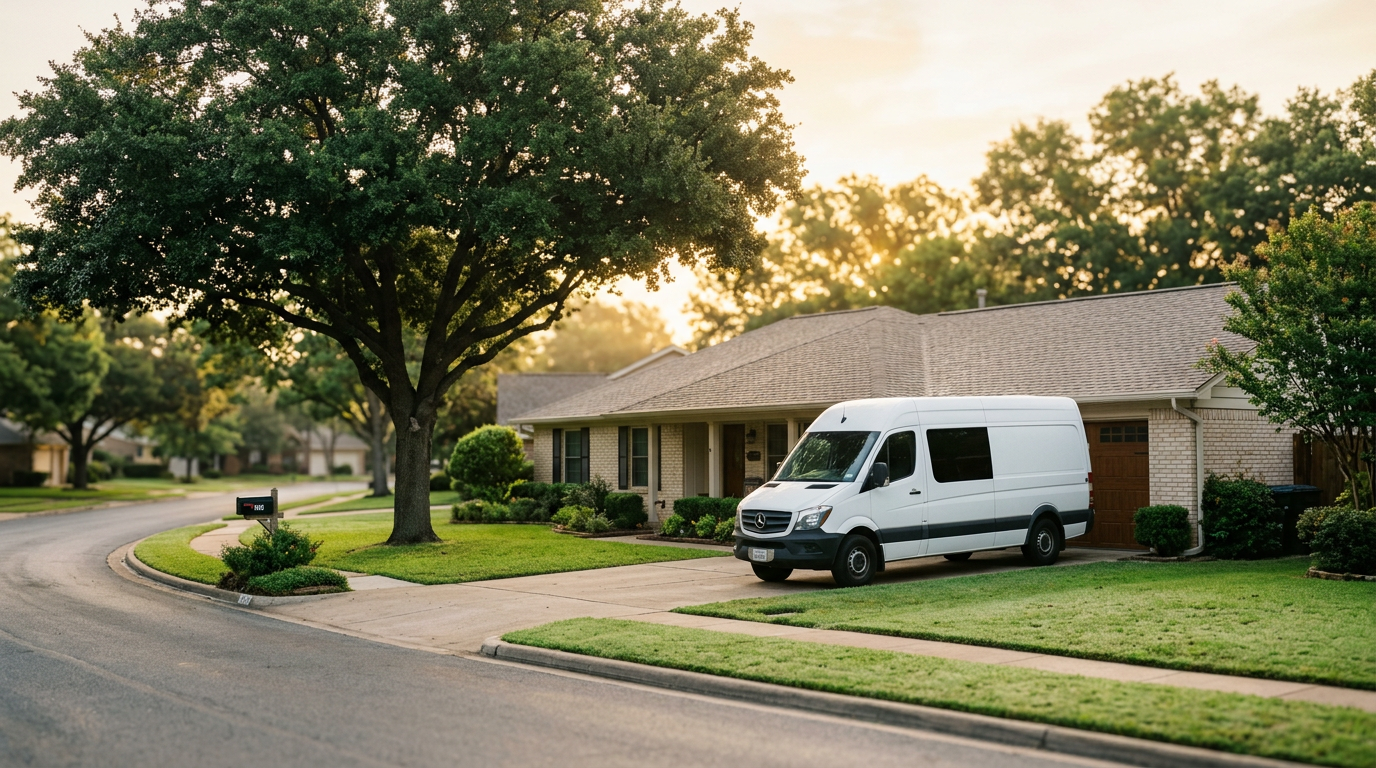 A generated image of a white grooming van parked in a driveway on a quiet Texas street at sunrise